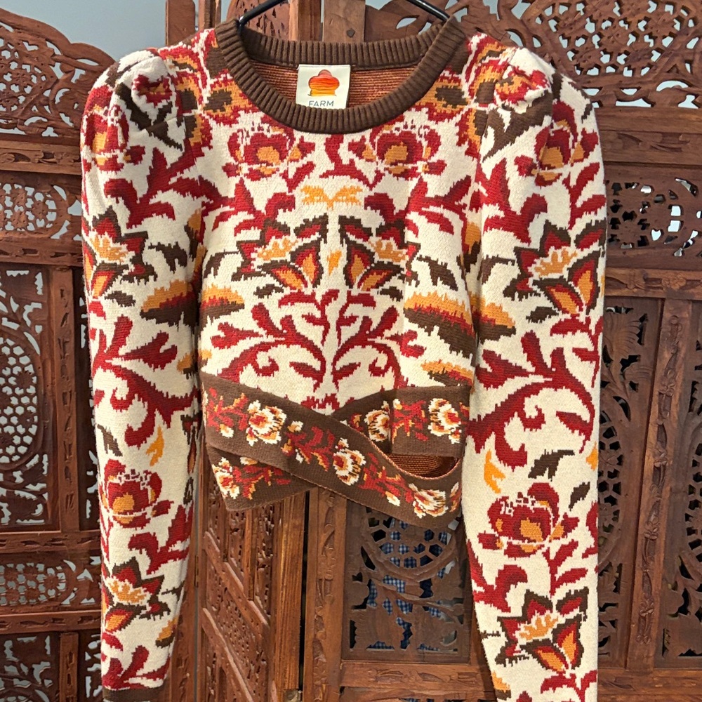 Farm Rio Floral Knit Crop Sweater in Cream, Red & Brown